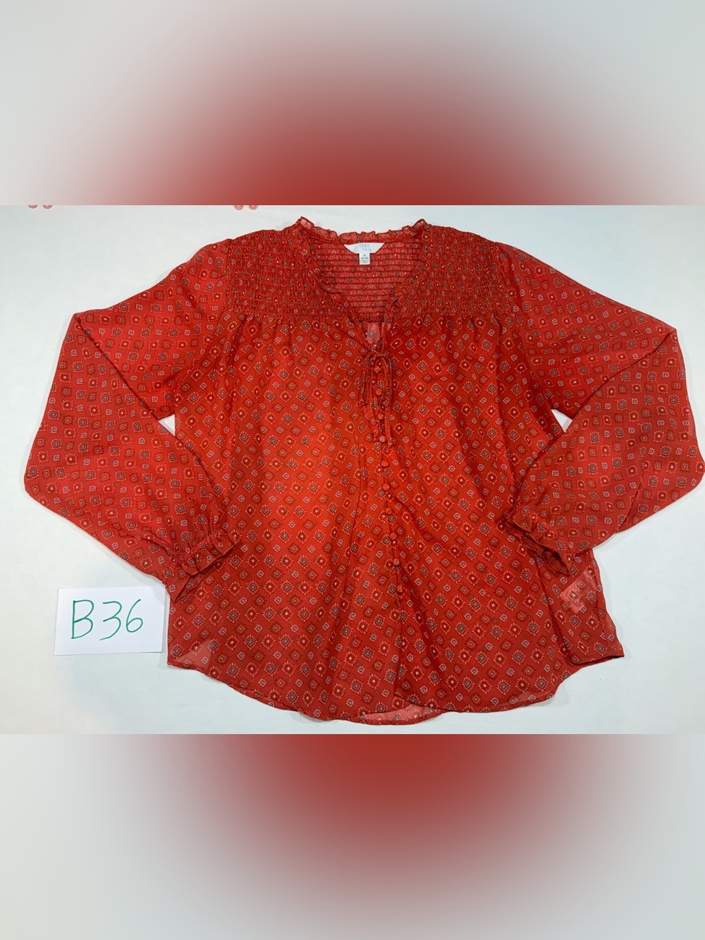 Time and Tru Printed Smocked Yoke Tie-Front Blouse